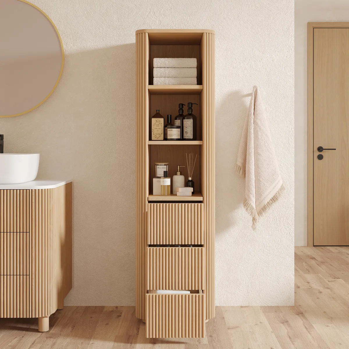 Fluted 58" Bathroom Linen Cabinet with 3 Drawers and Open Shelves — image 4
