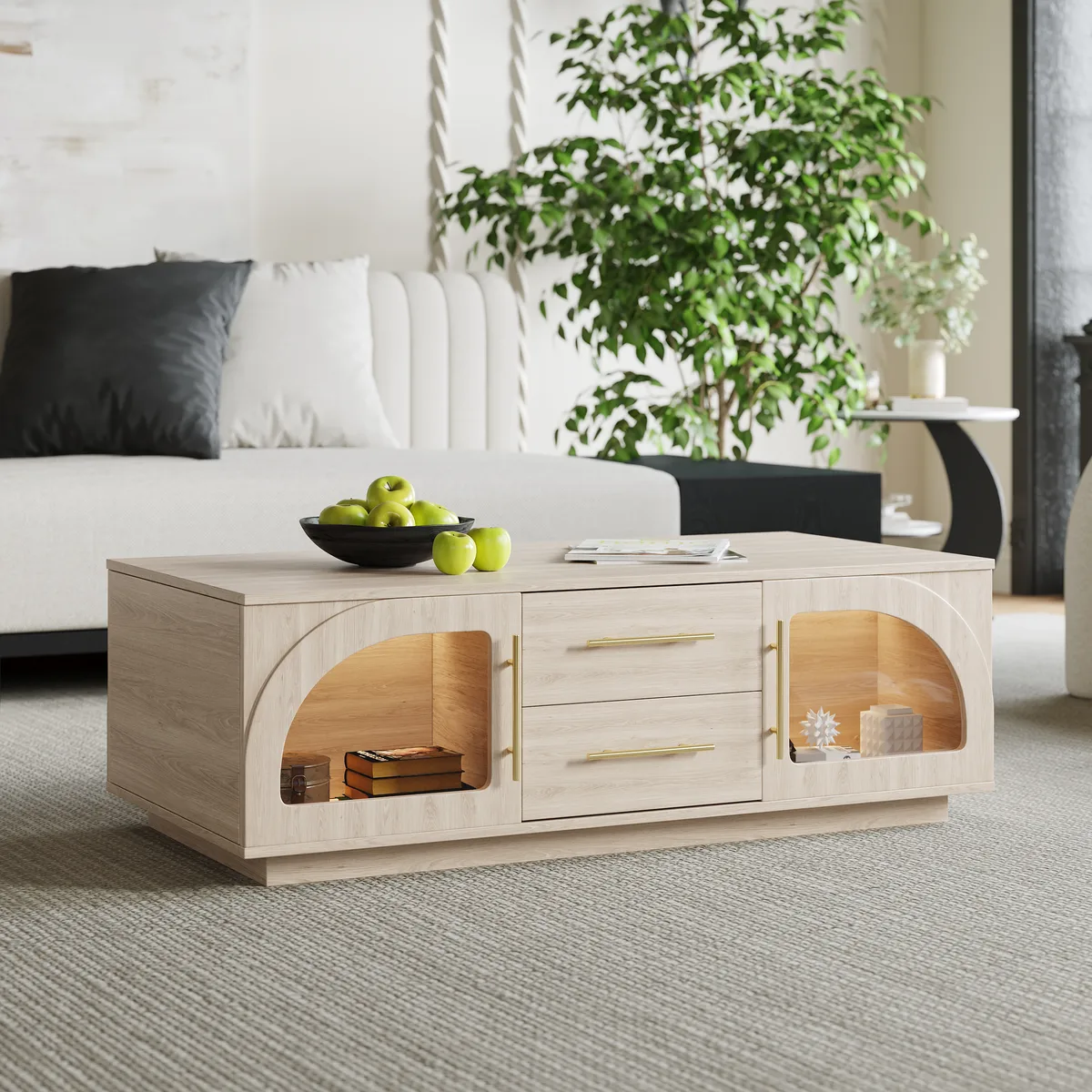 Arune 72" Japandi Whitewash TV Stand Coffee Table Set with LED Lights and Arched Glass Cabinet Doors — image 6
