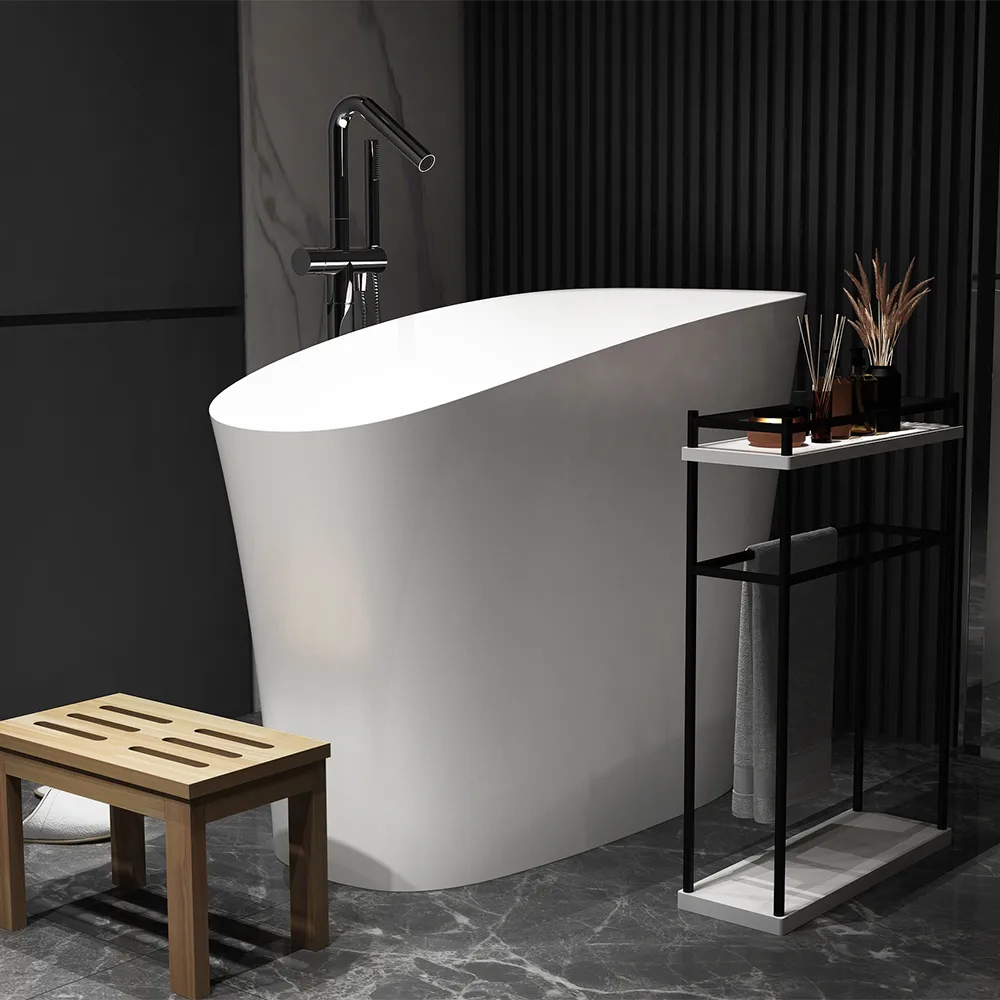 47" Japanese Irregular Freestanding Stone Resin Soaking Bathtub, Marble Look — image 2