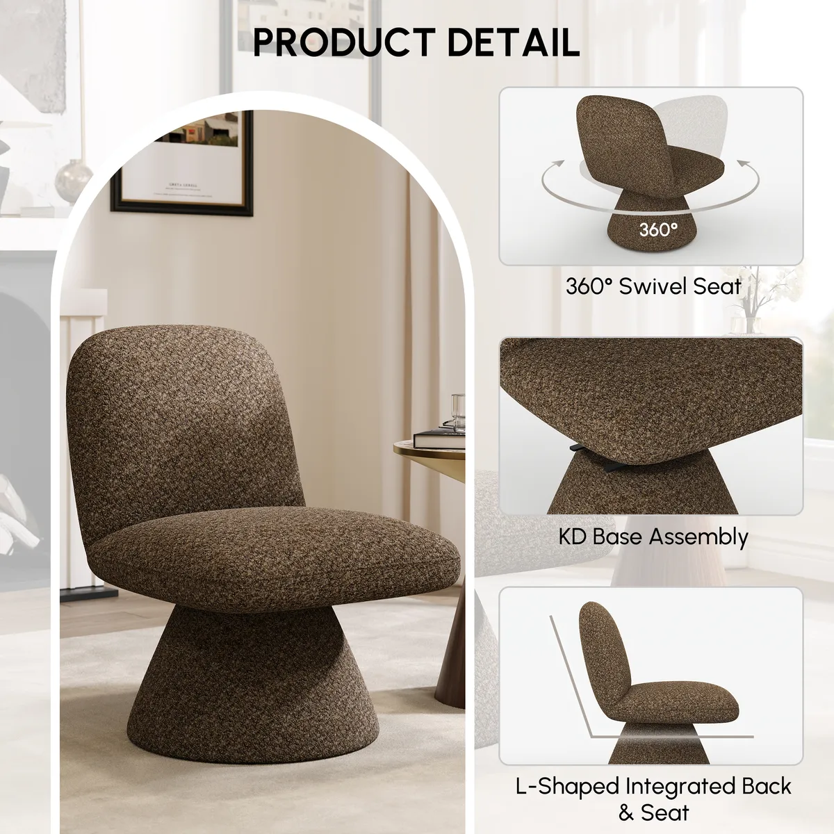 18" Modern Orange Boucle Swivel Accent Chair Sculptural L-Shaped Slipper Lounge Chair — image 29