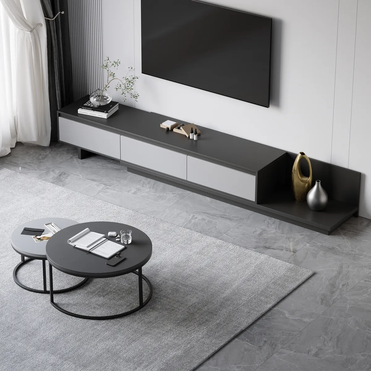 Living Room Cabinet Set Rectangle Gray Extendable TV Stand & Wood Round Nesting Coffee Table — image 4