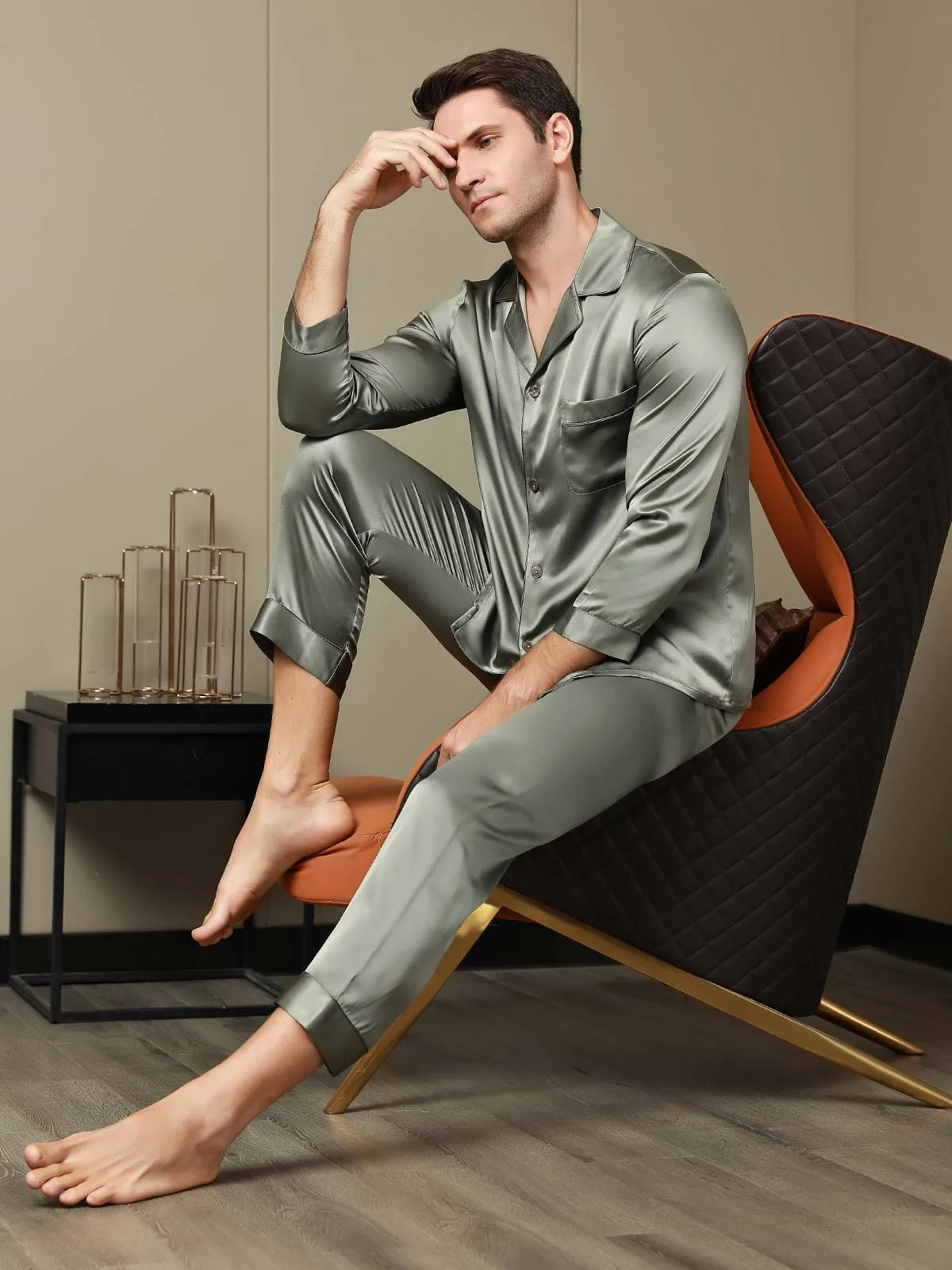 Men's 100% Mulberry Silk Long Sleeve Lapel Collar Pajamas Set — image 5