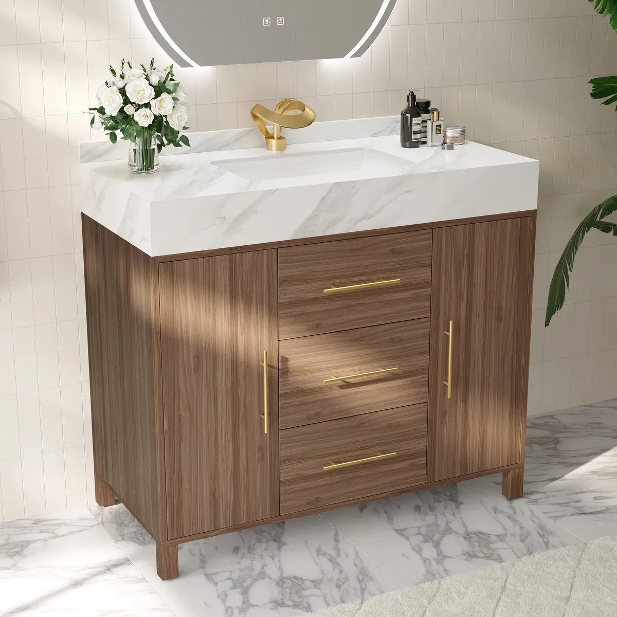 39" Walnut Freestanding Bathroom Vanity Sintered Stone Top & Silver Handles — image 10