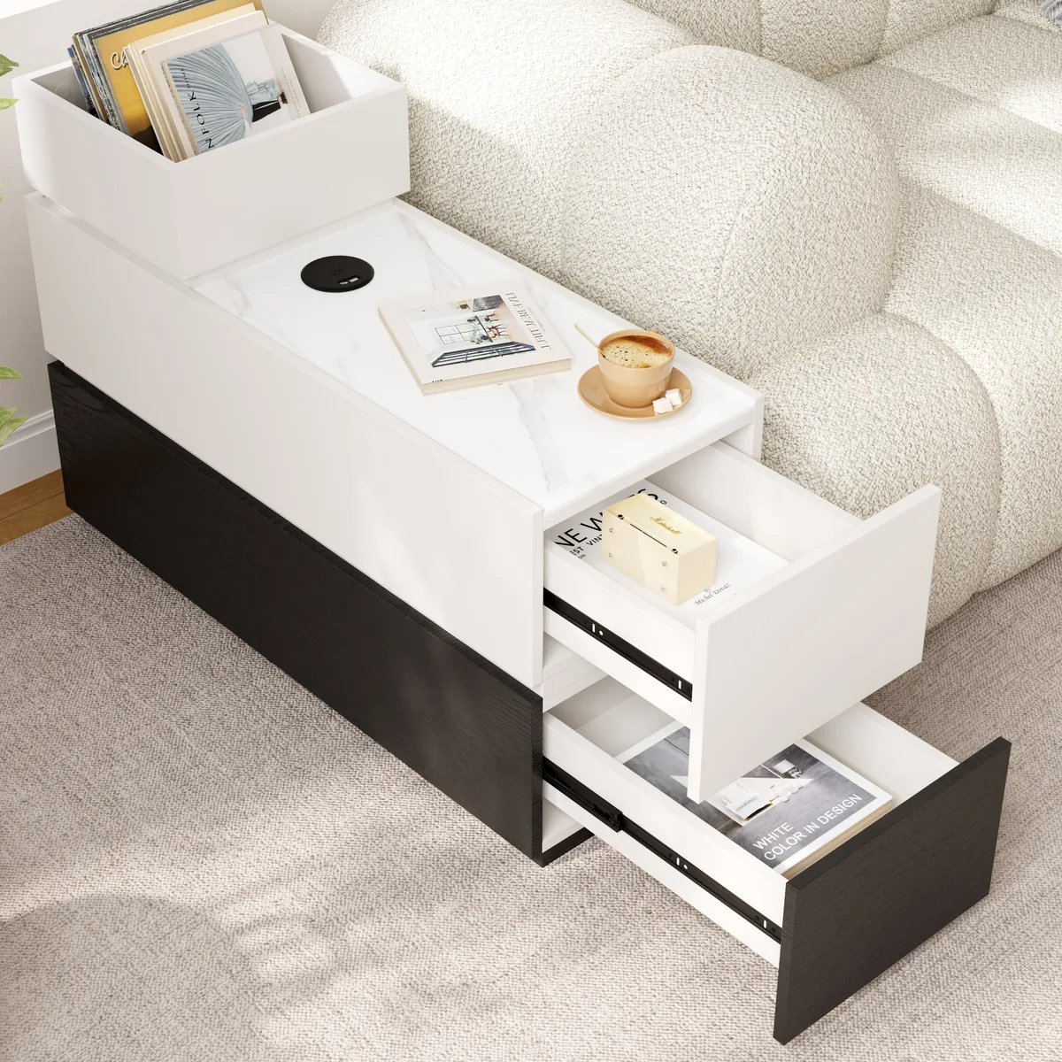 Travertine Stone Top Narrow Smart Side Table with Storage Modern Walnut End Table with USB Charging — image 14