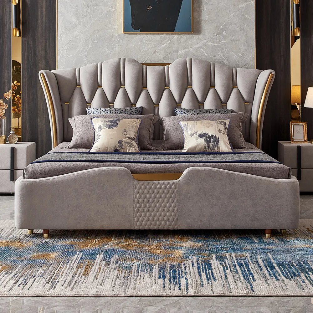 King Size Upholstered Leather Bed Frame with Tufted Wingback Headboard — image 12
