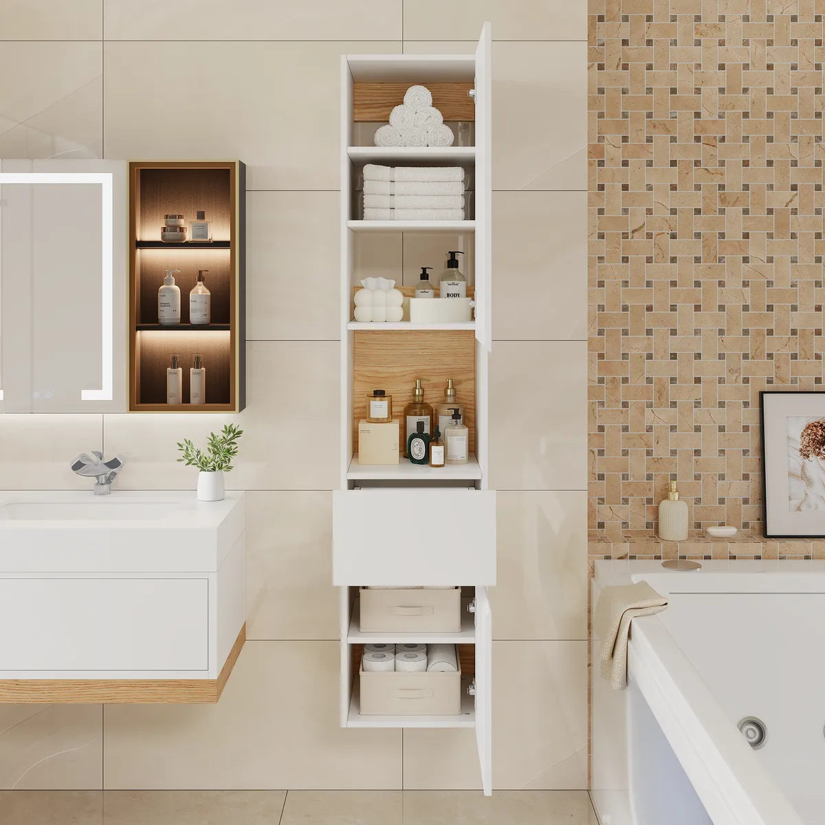 Homary Bathroom Cabinet | High Cabinet Natural & White - 13.8" x 13.8" x 63", With Drawers — image 6
