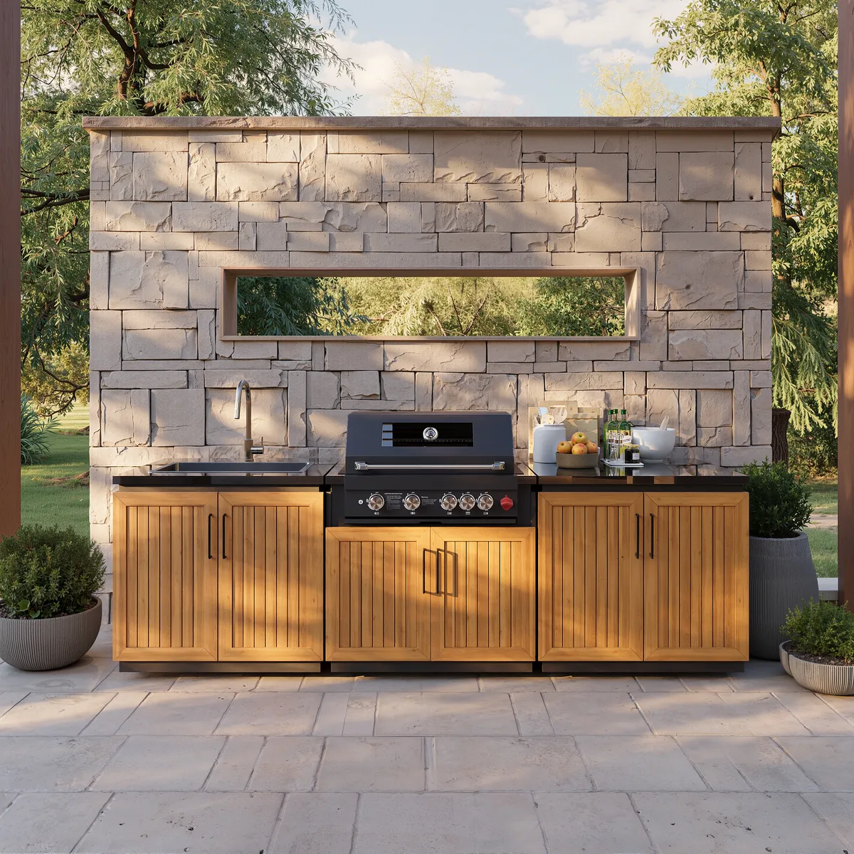 Tevara Modular Outdoor Barbecue Kitchen Cabinet with Propane Gas Grill Stainless Steel Movable BBQ Grilling Island in Black (118" W) — image 3
