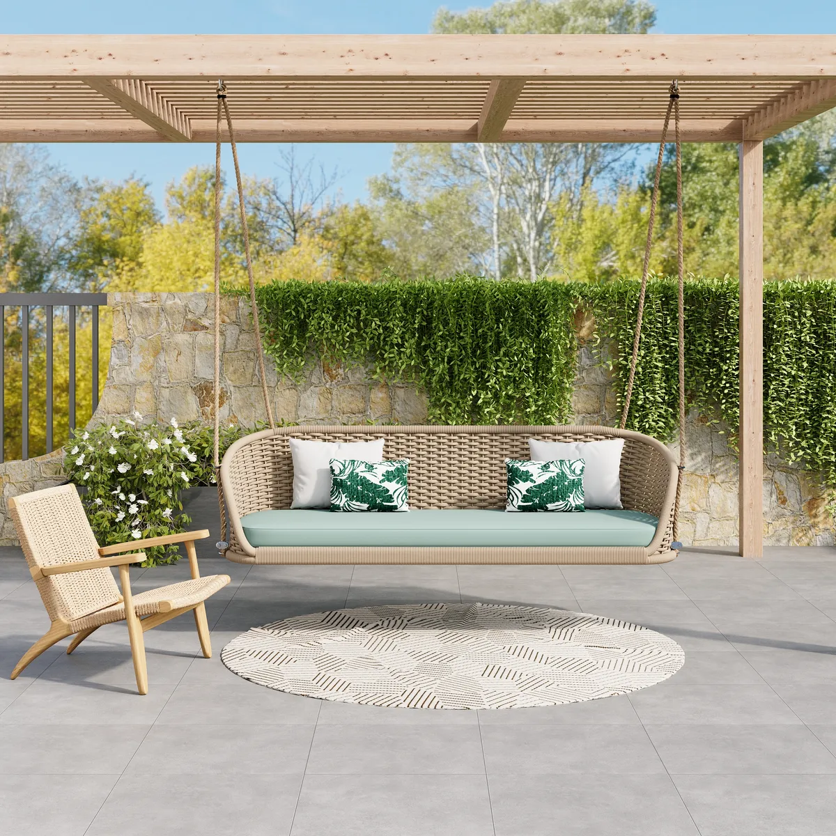 Traditional Wide Outdoor Woven Rope Swing Sofa Hanging Chair with Cushion — image 3