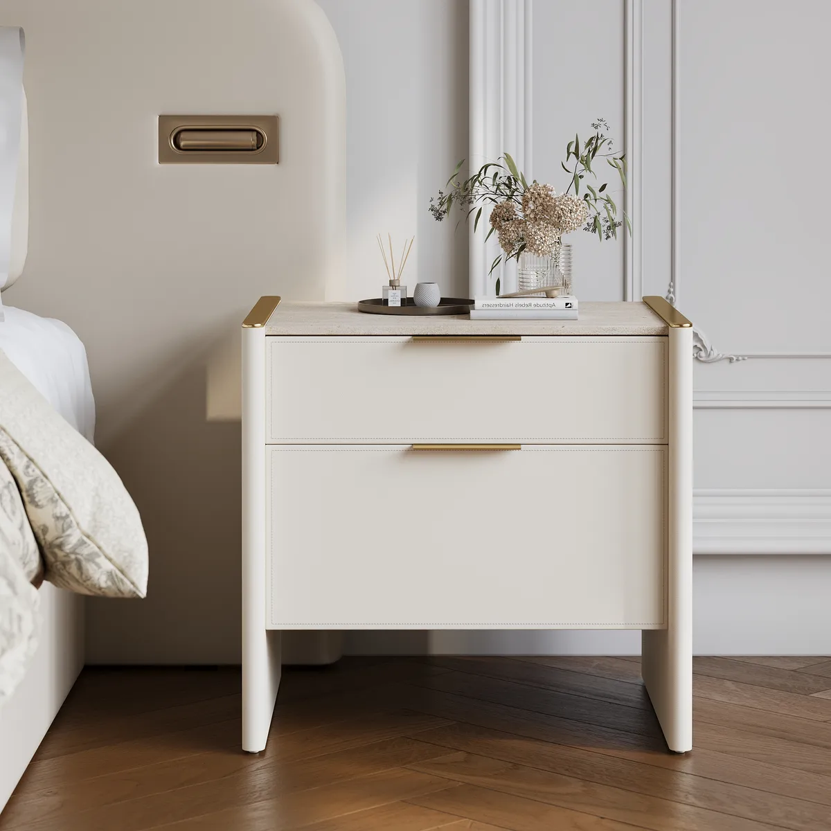 Modern Saddle Leather 2-Drawer Nightstand with Faux Travertine Stone Top — image 2