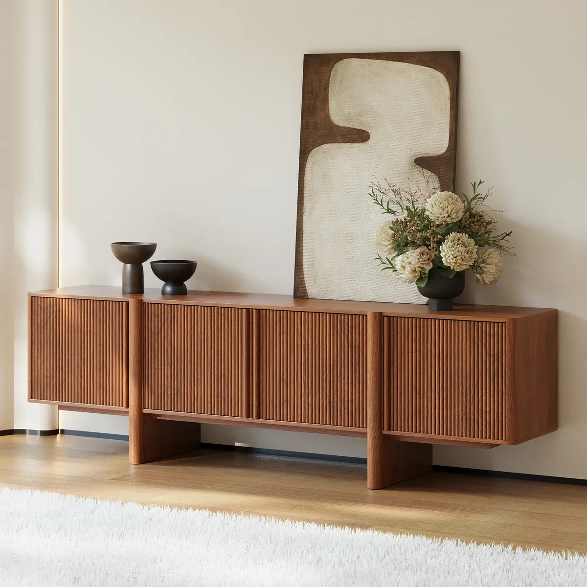 80" Solid Wood Fluted Black TV Stand with Cabinets