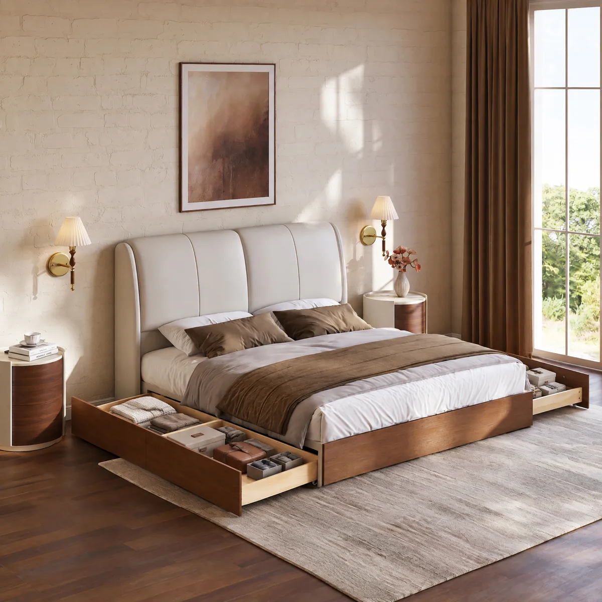 Modern King Genuine Leather Storage Solid Wood Bed with Adjustable Headboard — image 5