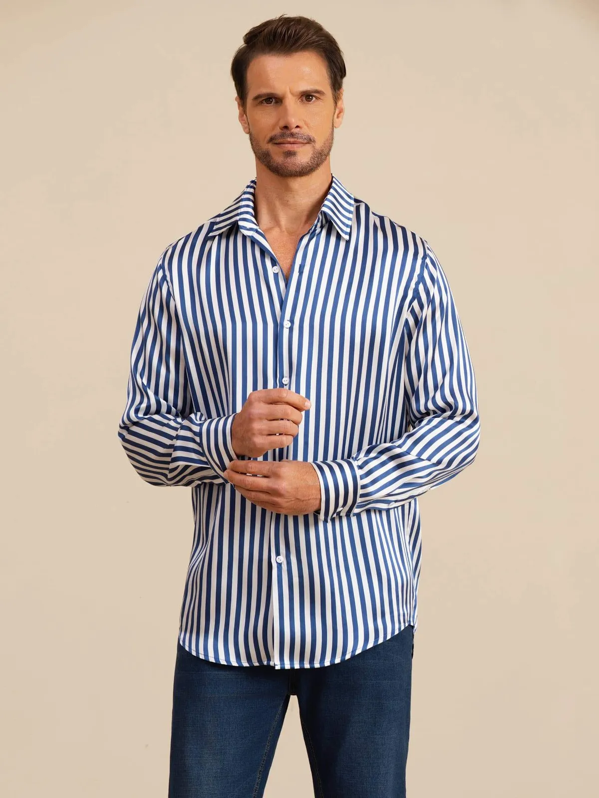 19Momme Silk Men's Long Sleeve Lapel Collar Stripe Print Shirt — image 3