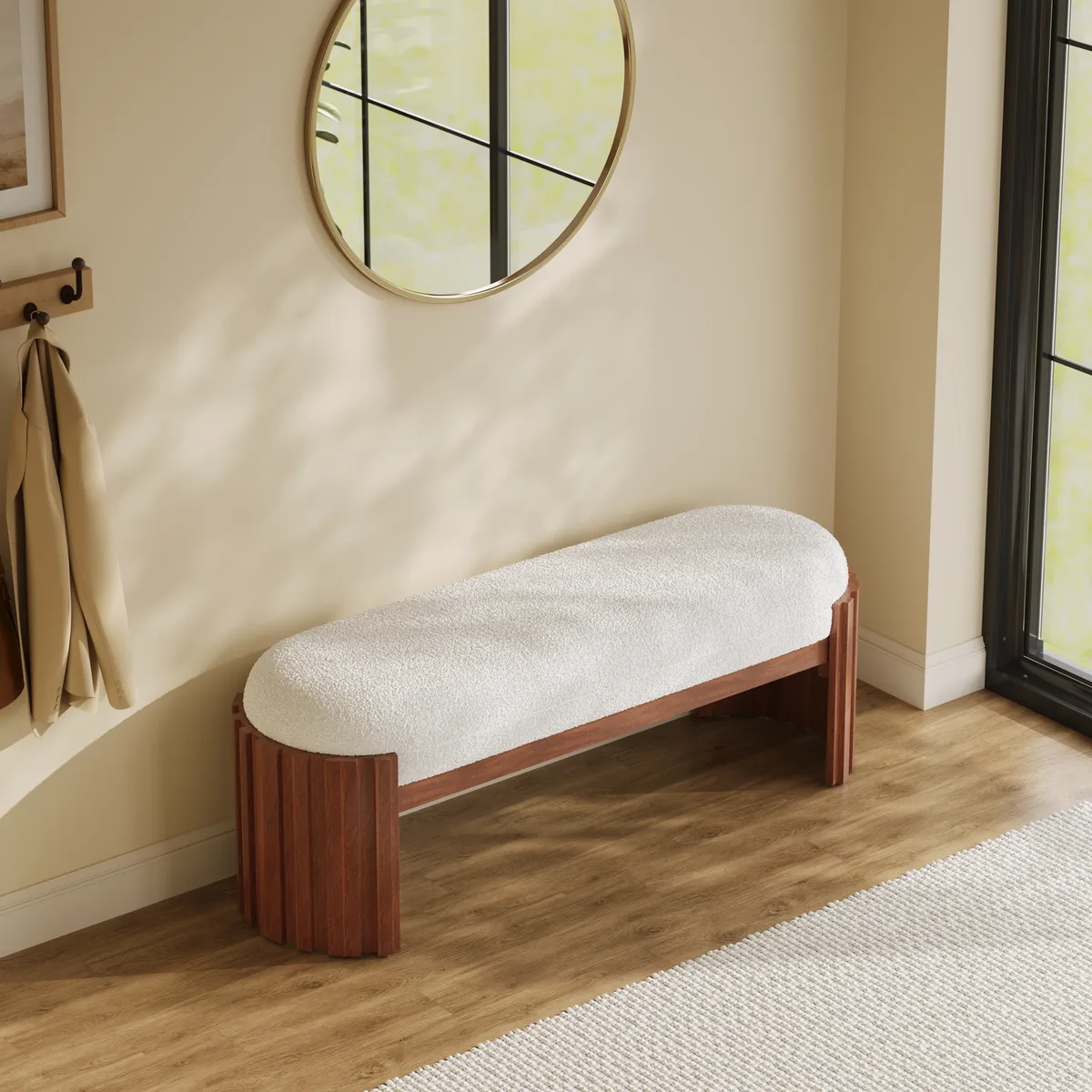 Aura 47” Walnut Wooden Boucle Upholstered Entryway Bench — image 3