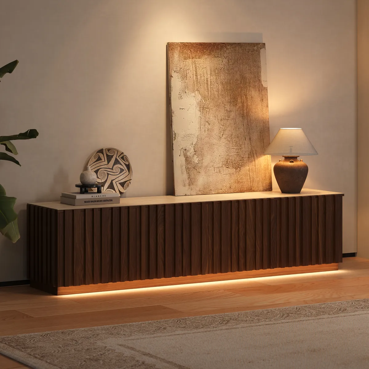 Aura TV Stand Set of Ash Wood Slatted TV Stand & Coffee Table with Sintered Stone Top — image 6