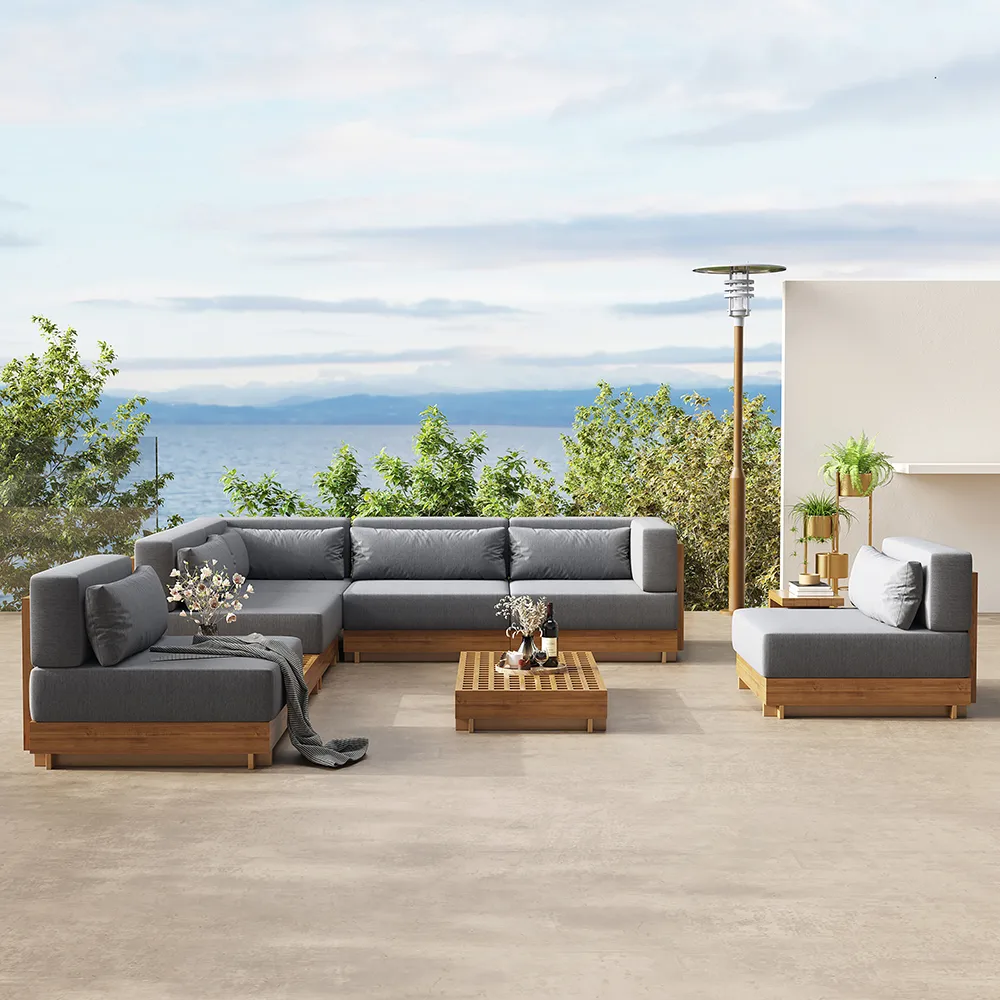 Grida 9-Piece Teak Luxury Modular L-Shaped Outdoor Patio Sectional Sofa Set in Gray with Coffee Table and Cushions — image 13