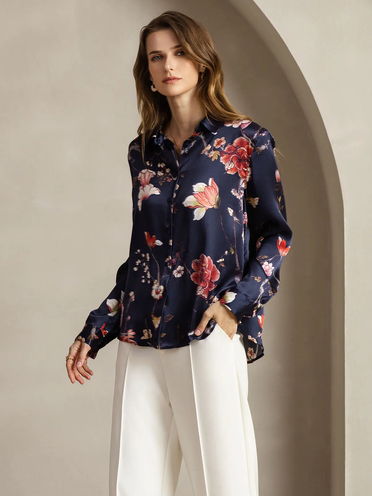 19Momme Silk Navy Floral Print Long Sleeve Lapel Collar Women's Shirt — image 4