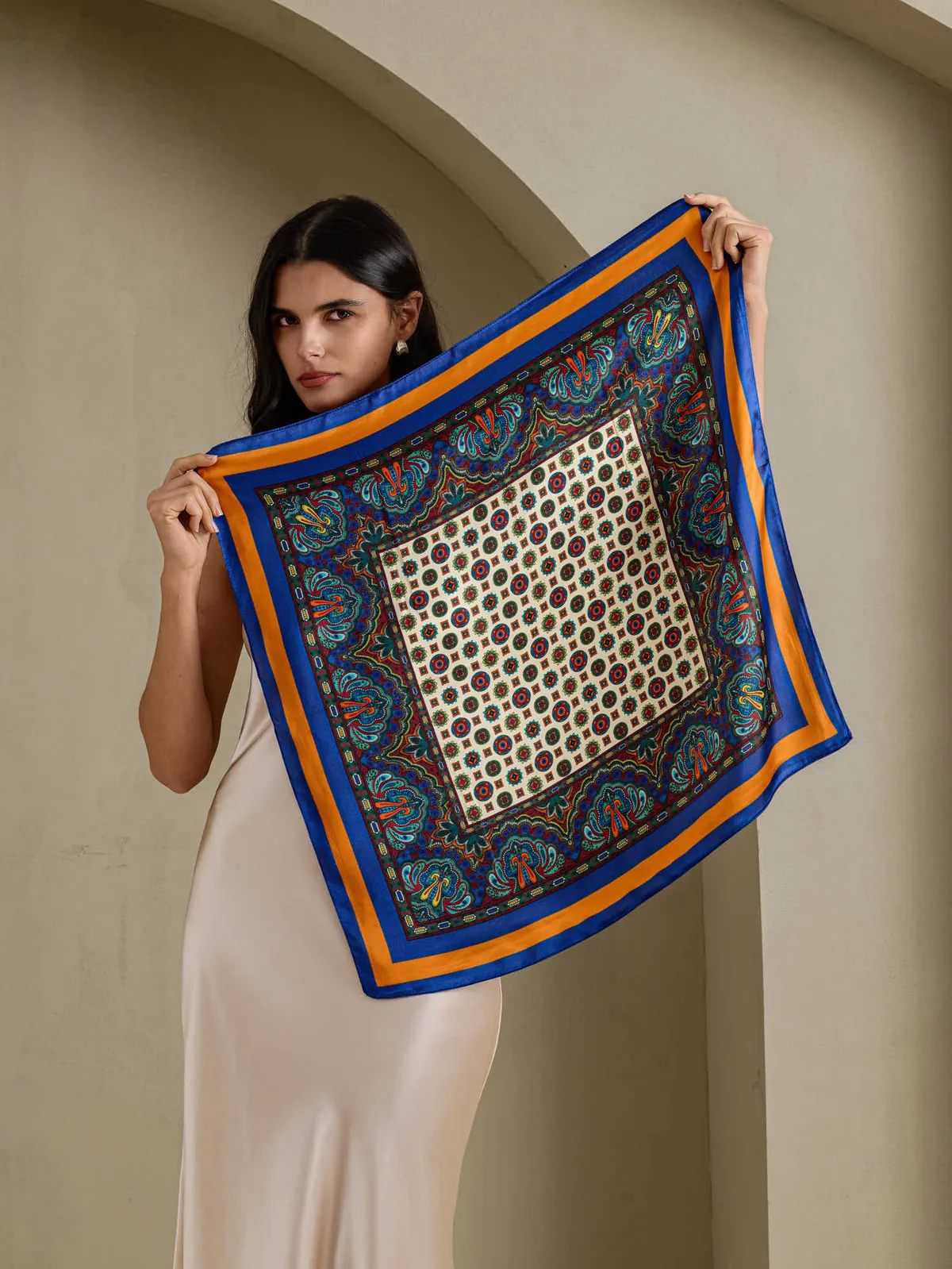 Pure Silk Paisley Geometric Print Square Scarf -Size 70x70cm — image 5
