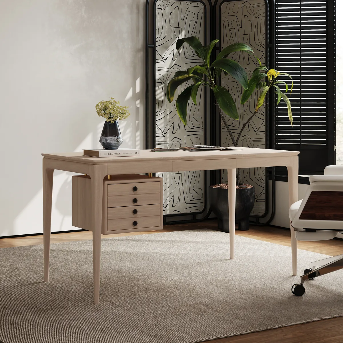 Mid-Century Style 55.1" Whitewash Ash Wood Home Office Desk with 3 Storage Drawers and Metal Accents — image 4