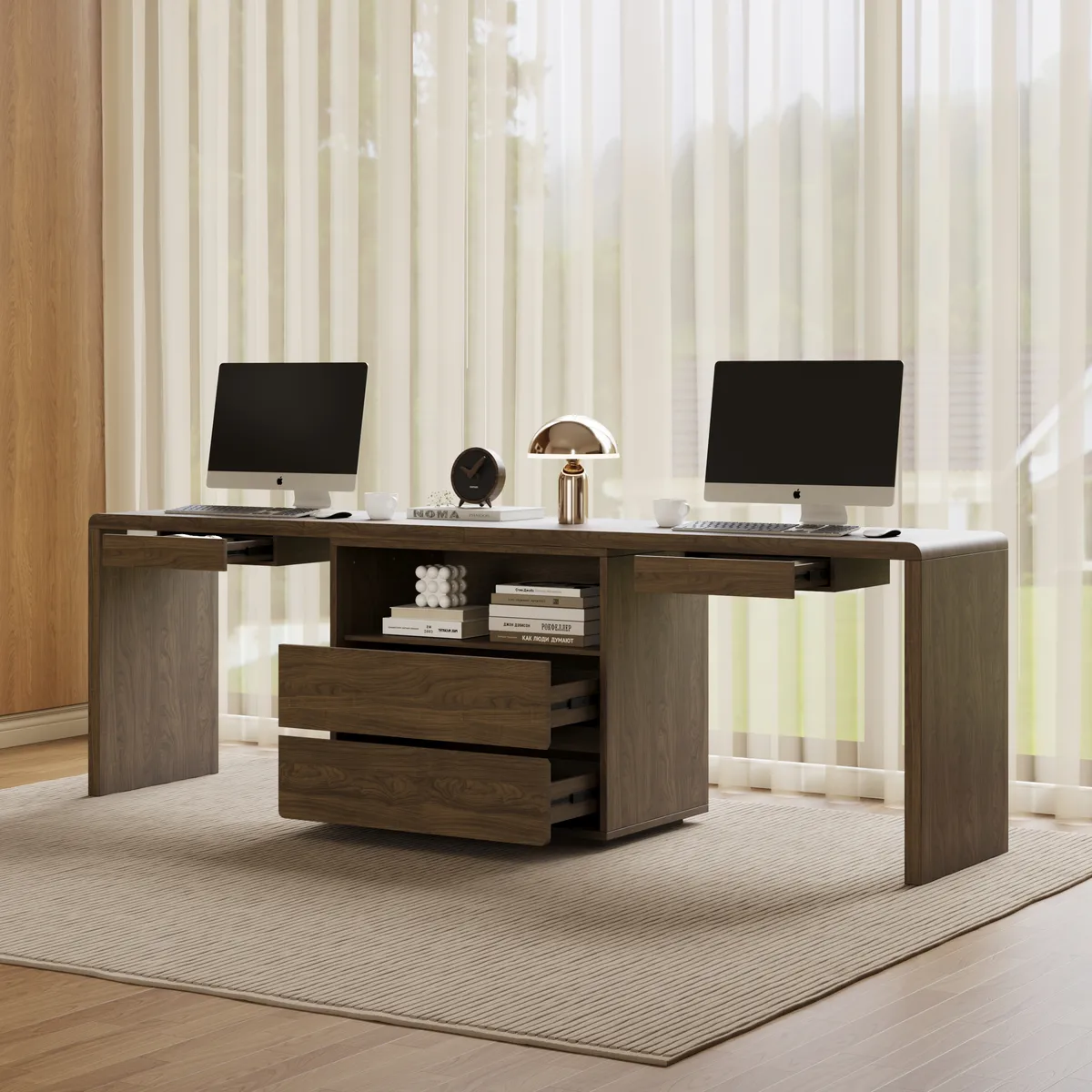 Modern 94" Rectangular Brown Double Desk with Drawers, Seats 2 — image 13