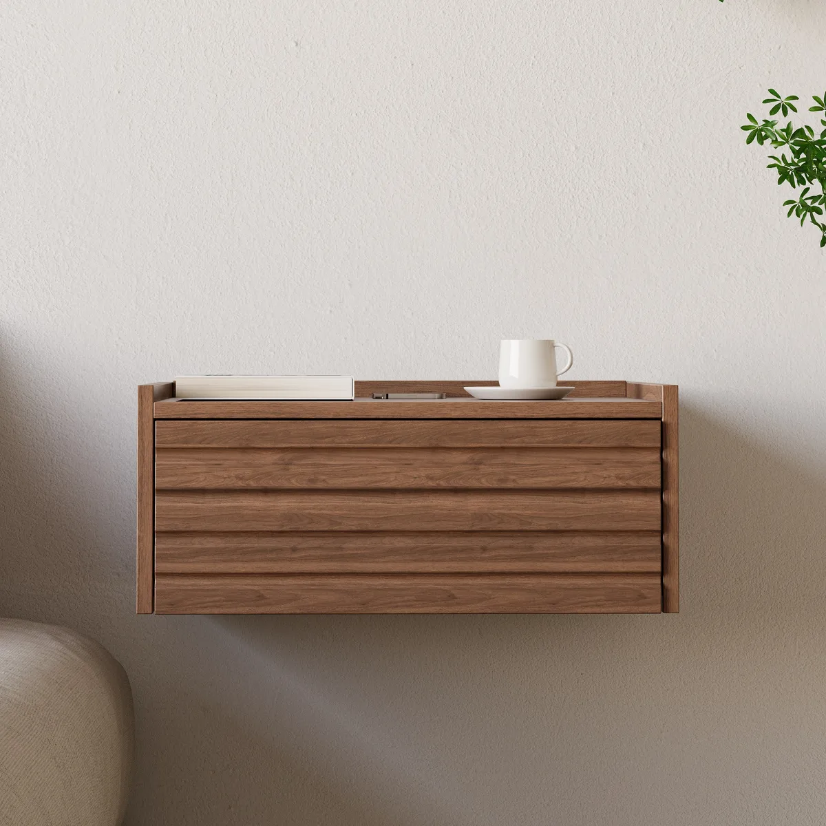 Wooden Floating Nightstand Modern Bedside Table with Charging Station Japanese Style — image 27