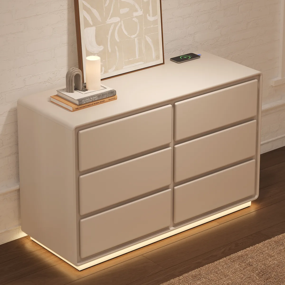 Haloa Modern 47" 6-Drawer Matte Warm White Dresser with Light and Charging Station — image 2