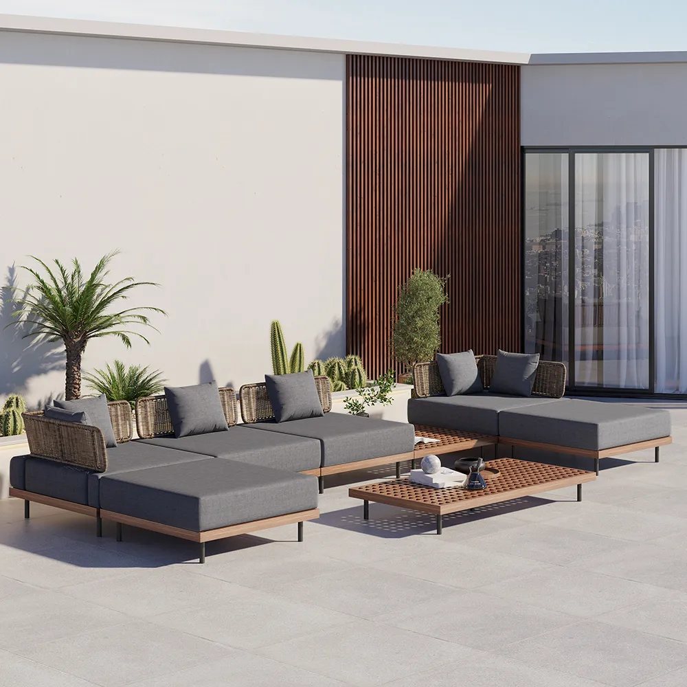8 PCS L Shaped Outdoor Sectional Sofa Set with Coffee Table Modern Yard & Patio Furniture for 6 Person in Gray Cushion & Pillow Included — image 3