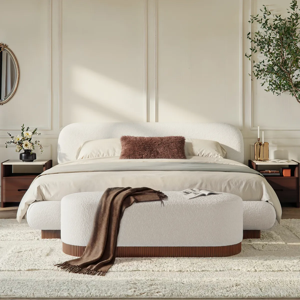 Modern Boucle Upholstered Bed with Charging Station & Fluted Base — image 11