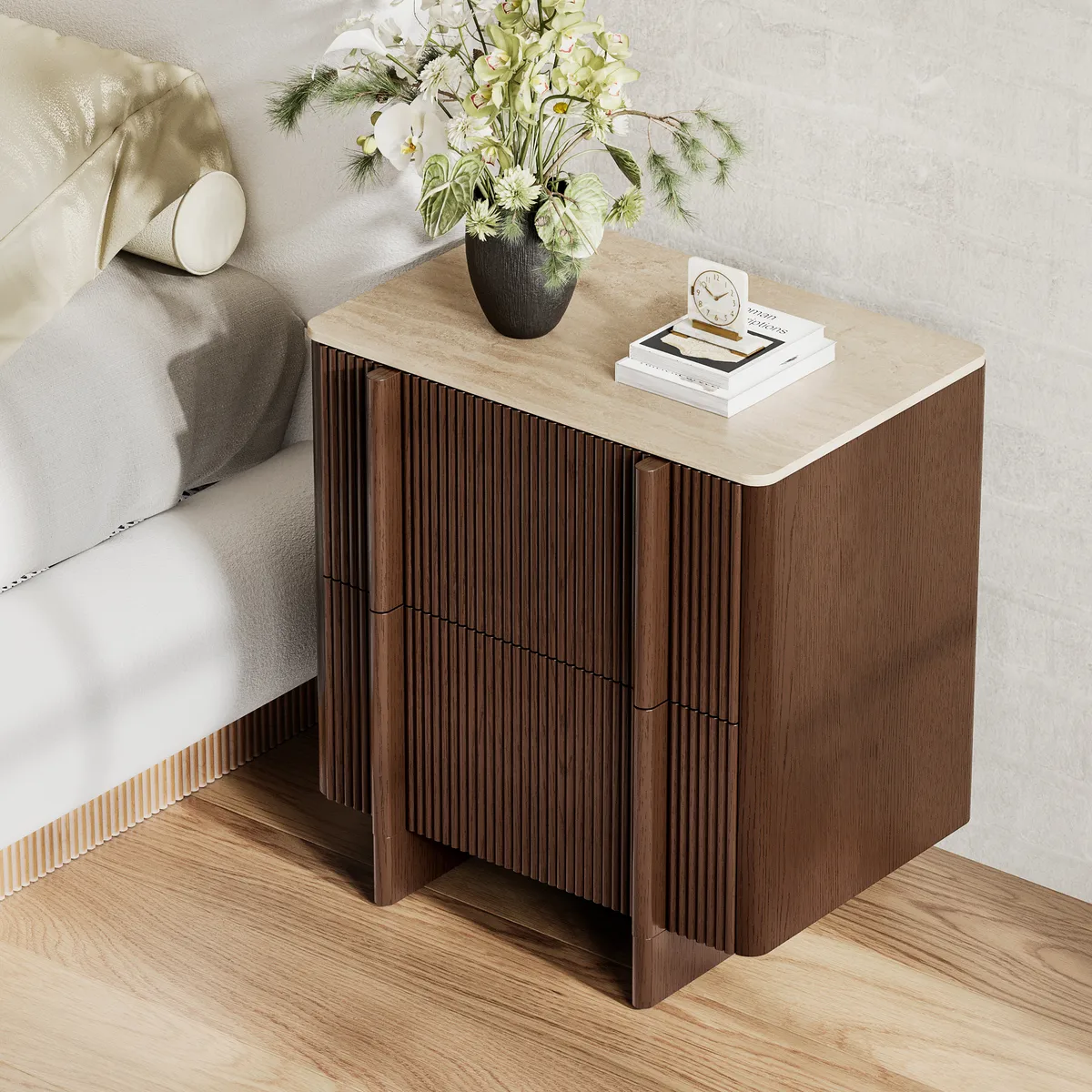 Lineva 24" 2-Drawer Nightstand with Faux Travertine Stone