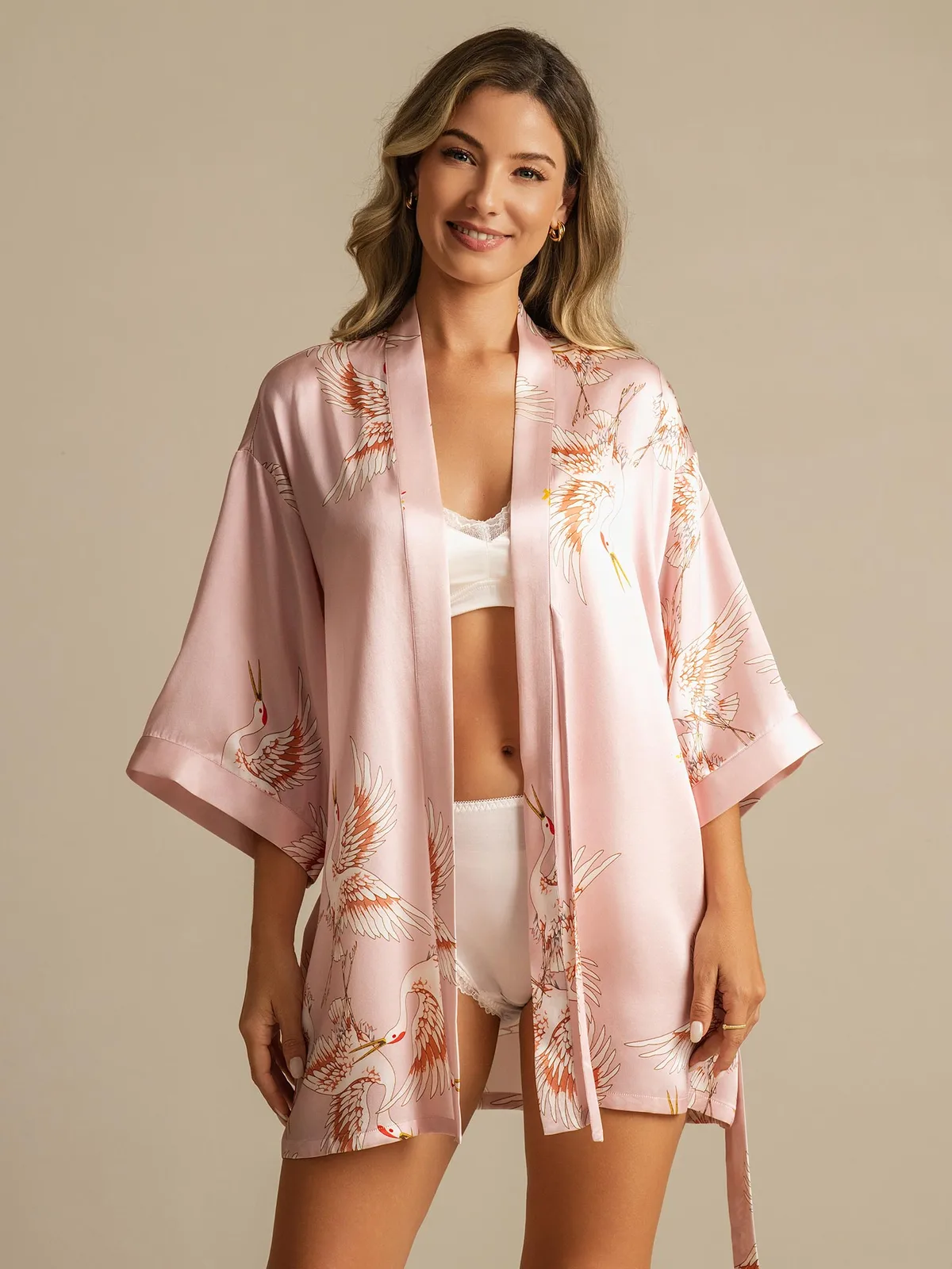 19Momme 100% Mulberry Silk Crane Print 3/4 Sleeve Short Women's Kimono Robe with Wrap Design