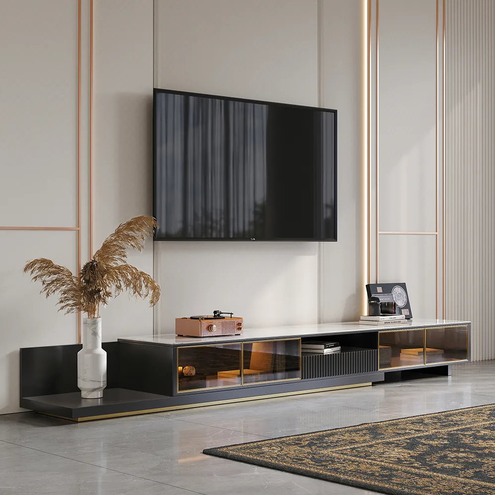 LED Light Extendable TV Stand Light Khaki Floor Media Console with Glass Door & Drawers — image 2