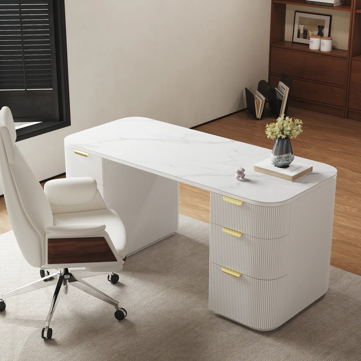 Modern White Ash Wood Rectangle Desk & Reclining Leather Office (63.8") — image 22