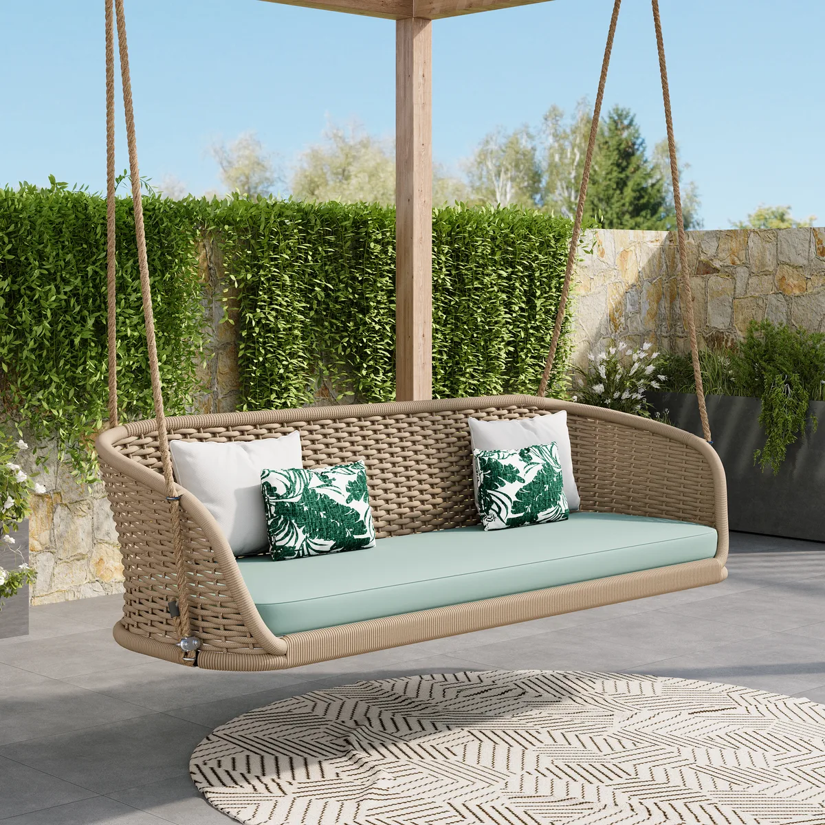 Traditional Wide Outdoor Woven Rope Swing Sofa Hanging Chair with Cushion — image 4