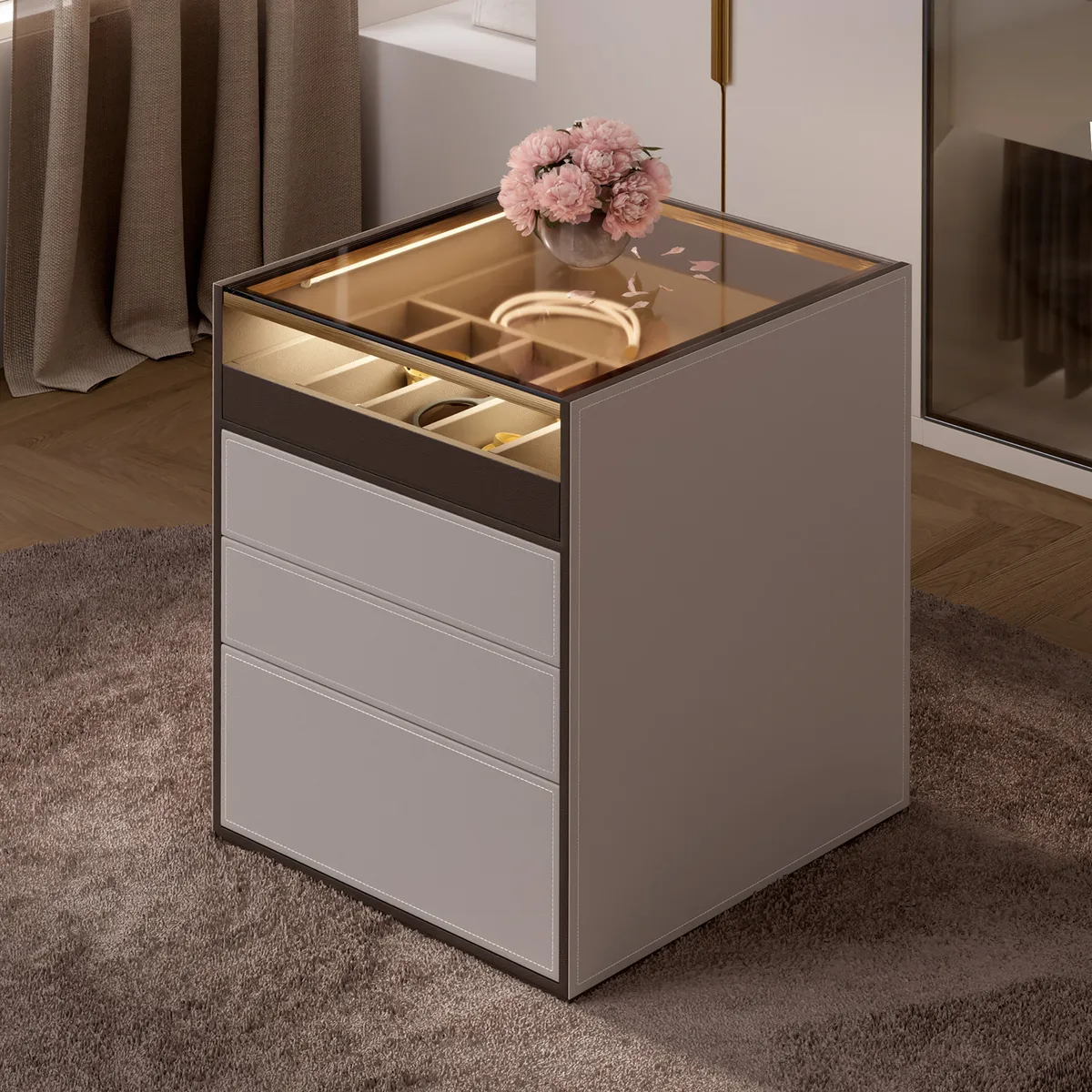 Saddle Leather 7-Dresser Walk-In Closet Island with Light & Jewelry Display