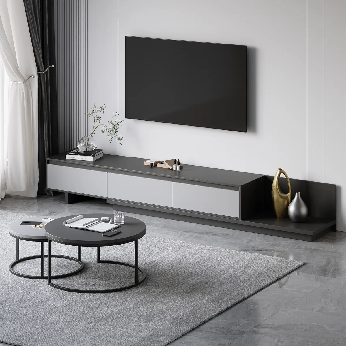 Living Room Cabinet Set Rectangle Gray Extendable TV Stand & Wood Round Nesting Coffee Table — image 2