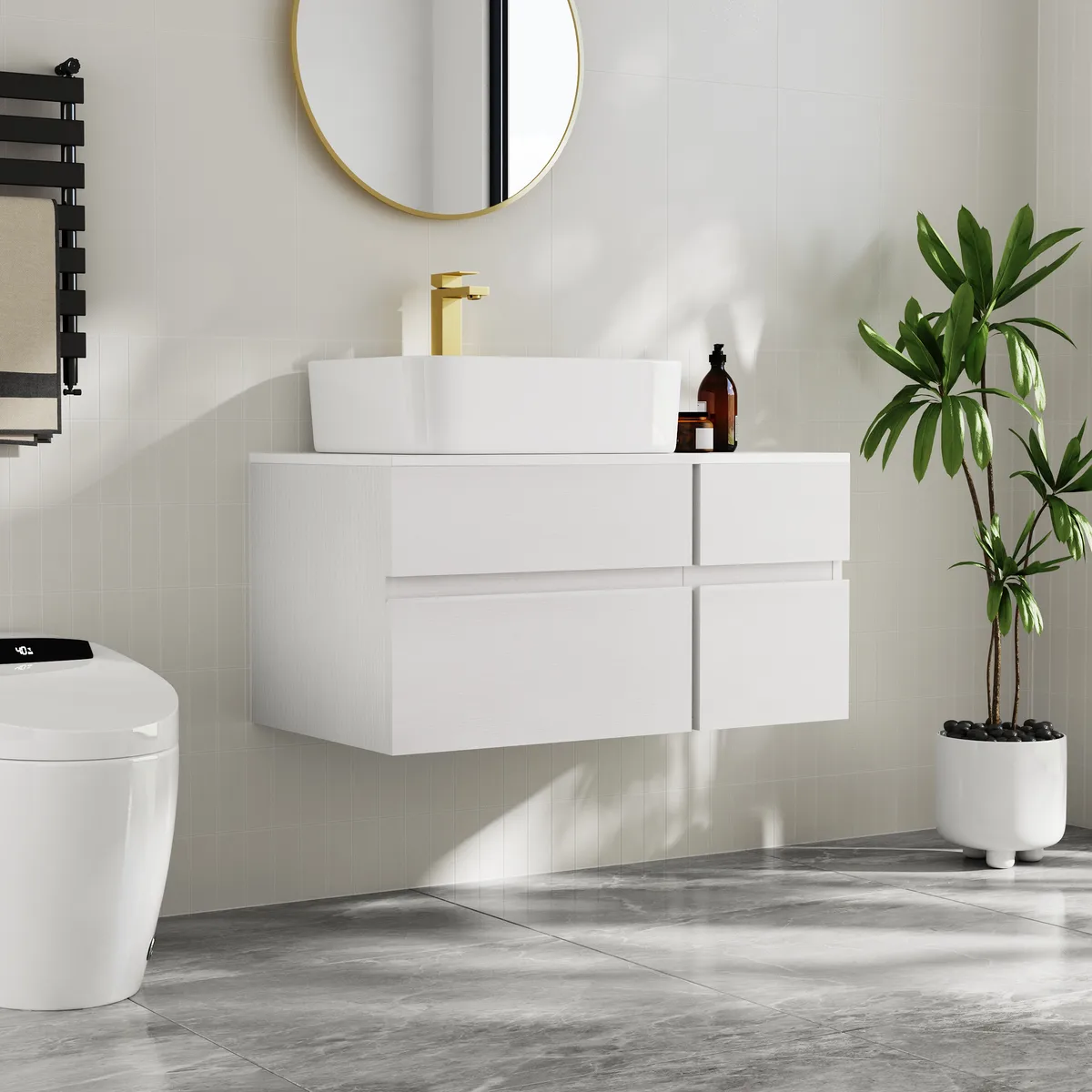 31.5" Walnut Floating Bathroom Vanity Left Offset Ceramic Vessel Sink — image 12