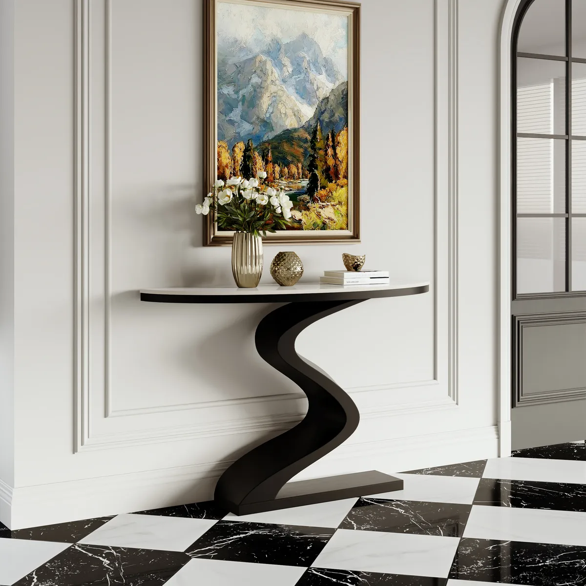 Curved Console Table with Sintered Stone Top Half Moon Shape Entryway Furniture — image 15