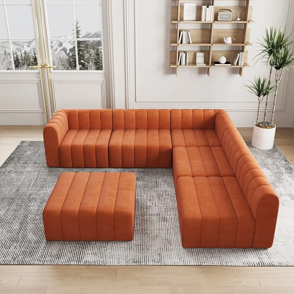 118.9" Velvet Convertible Modular Sectional Sofa Orange Upholstered 6-Seater Sofa Set — image 17