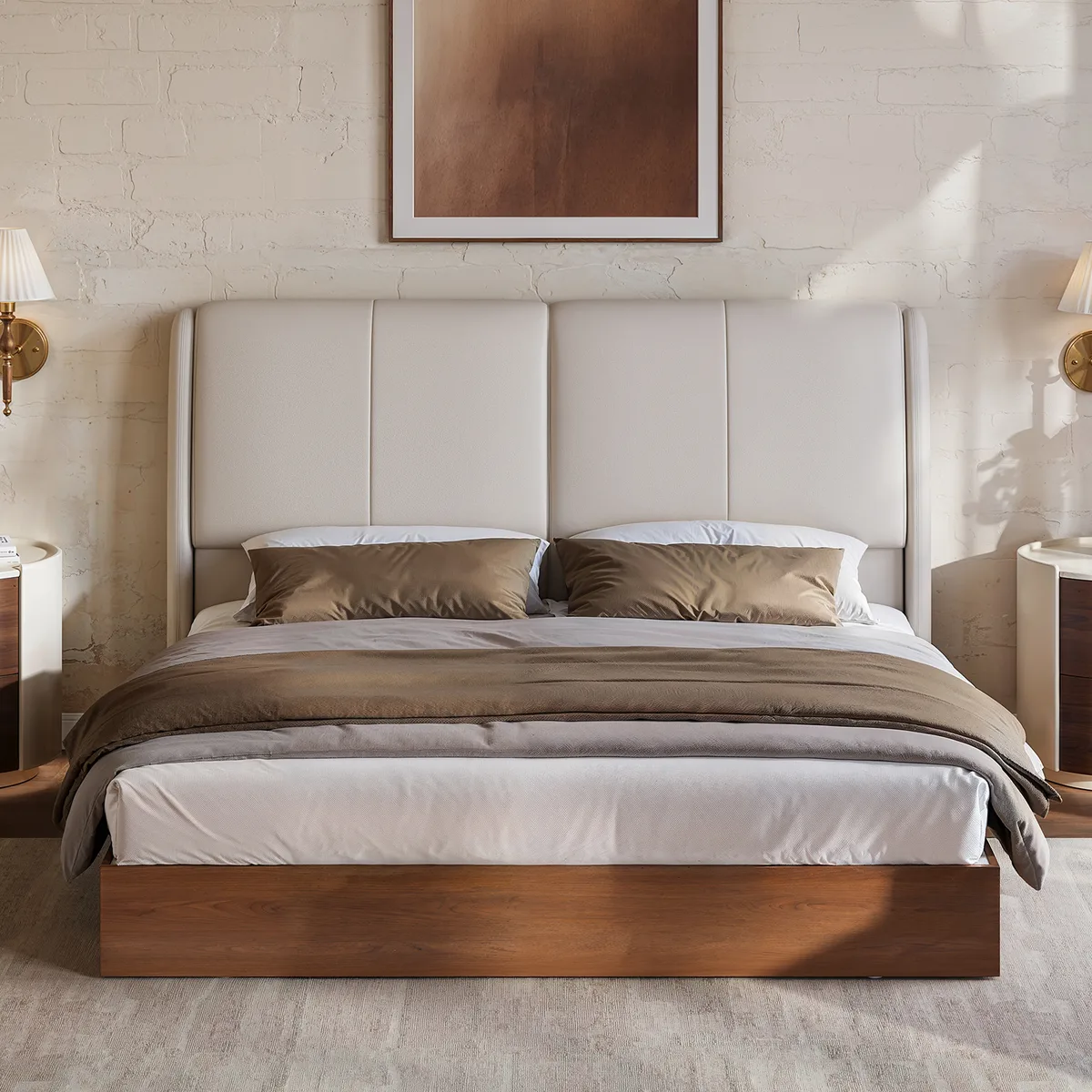 Modern King Genuine Leather Storage Solid Wood Bed with Adjustable Headboard — image 2