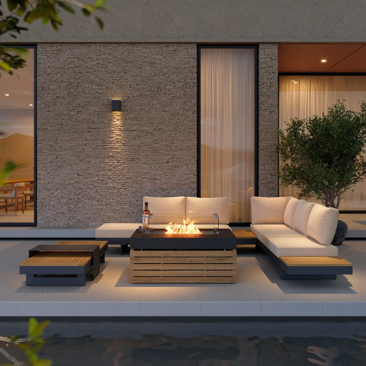 Tevara 47" 5-Pieces Modular Teak Outdoor Sofa Set with Smokeless Fire Pit for 6 Person — image 23