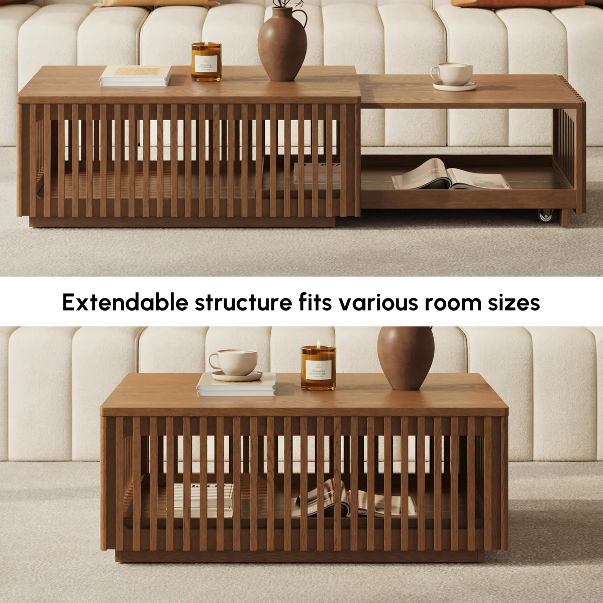 Homary Modern 33"-55" Mid-Century Extendable Walnut Coffee Table with Storage — image 7