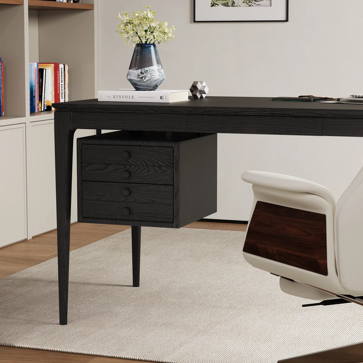 Mid-Century Style 55.1" Whitewash Ash Wood Home Office Desk with 3 Storage Drawers and Metal Accents — image 18