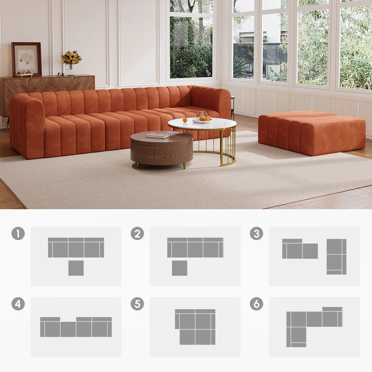 118.9" Velvet Convertible Modular Sectional Sofa Orange Upholstered 6-Seater Sofa Set — image 10