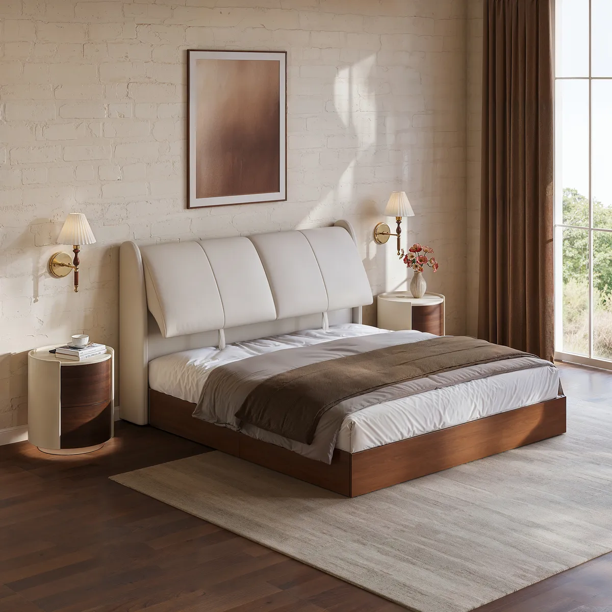 Modern King Genuine Leather Storage Solid Wood Bed with Adjustable Headboard — image 3