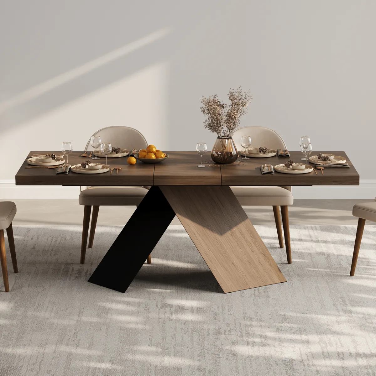 Dining Table Set 64"-79" Rectangle Extendable Dining Table & 4 Archic Japandi Rattan Dining Chairs — image 6