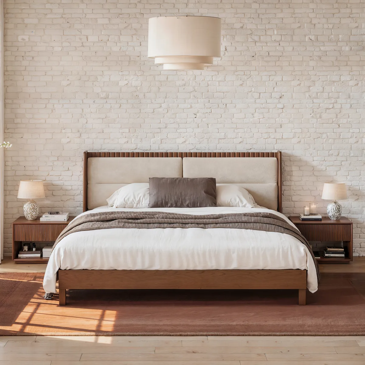 Modern Black Queen Size Solid Wood Bed with Boucle Headboard Pillows — image 12