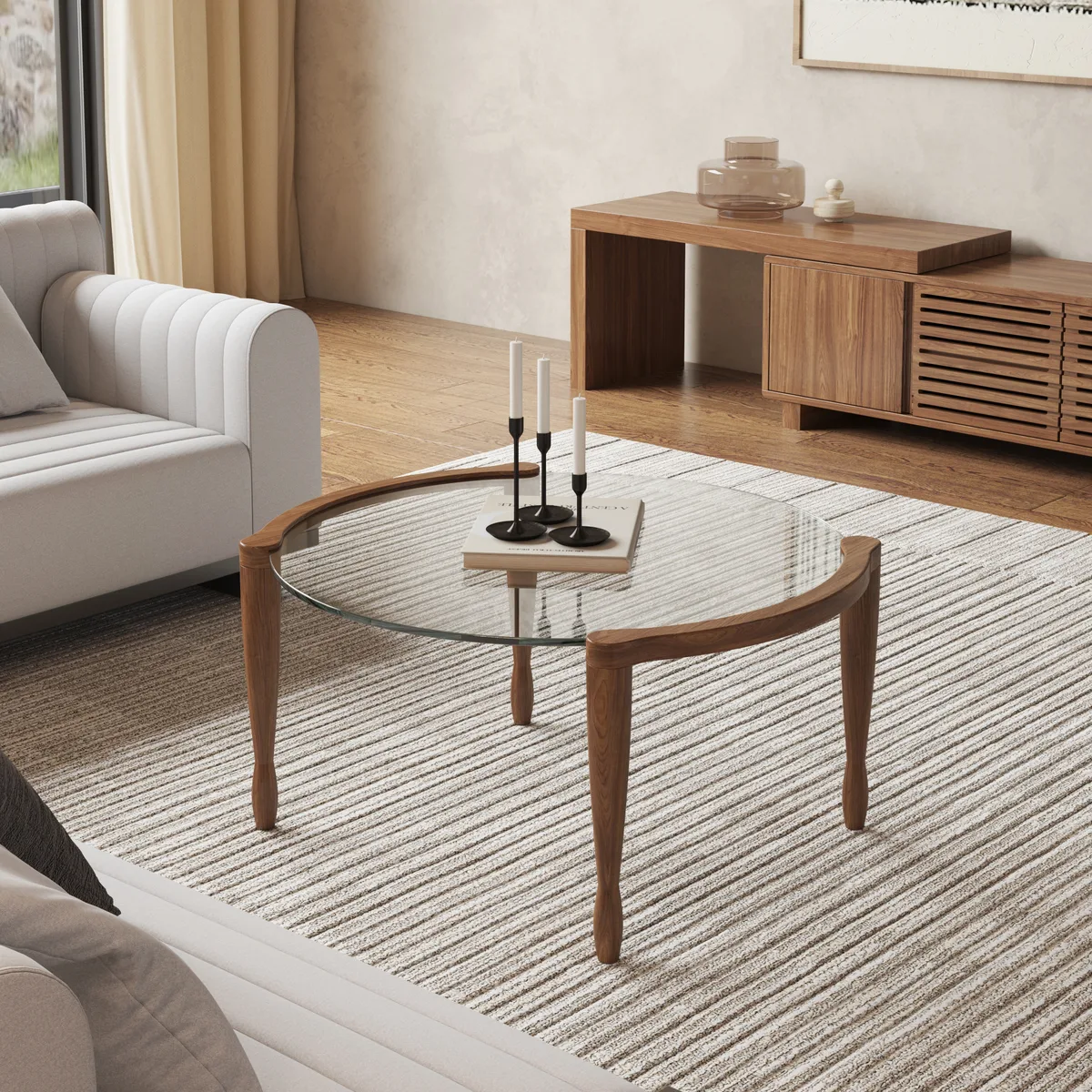 Mid Century Modern Glass and Walnut Round Coffee Table with Wood Legs — image 2