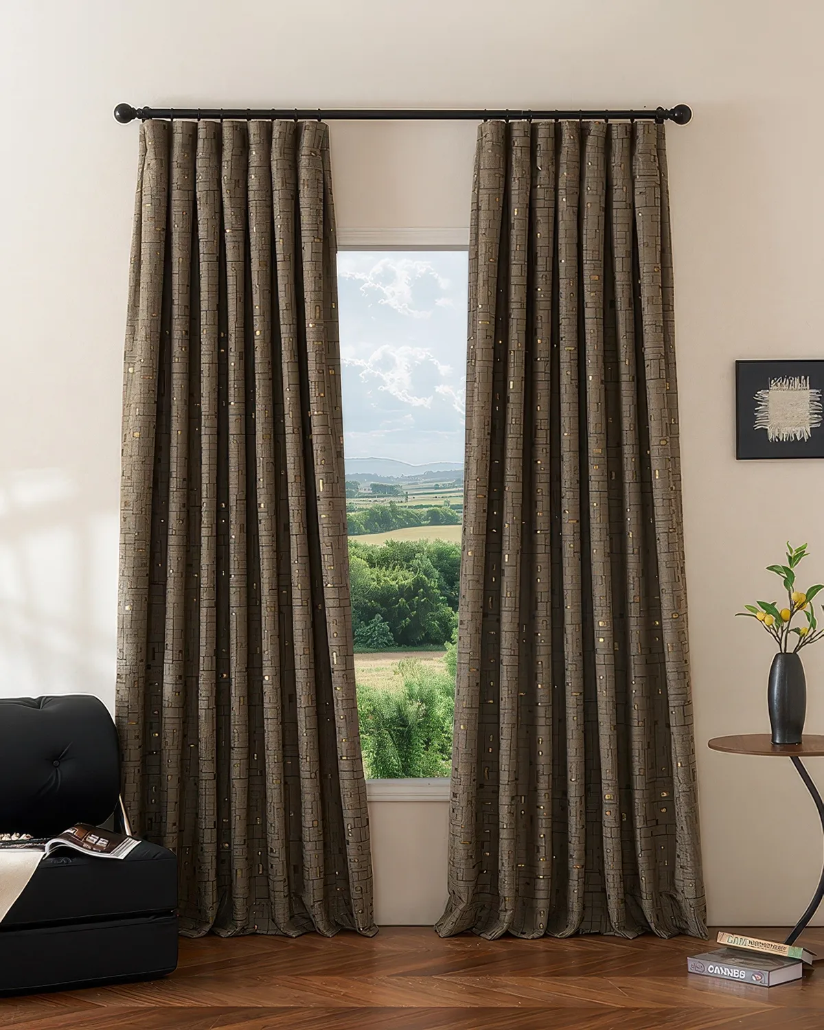 Chelsea 52 x 95 Inch Inverted Box Pleat Grid Cotton Geometric Patterned Curtain
