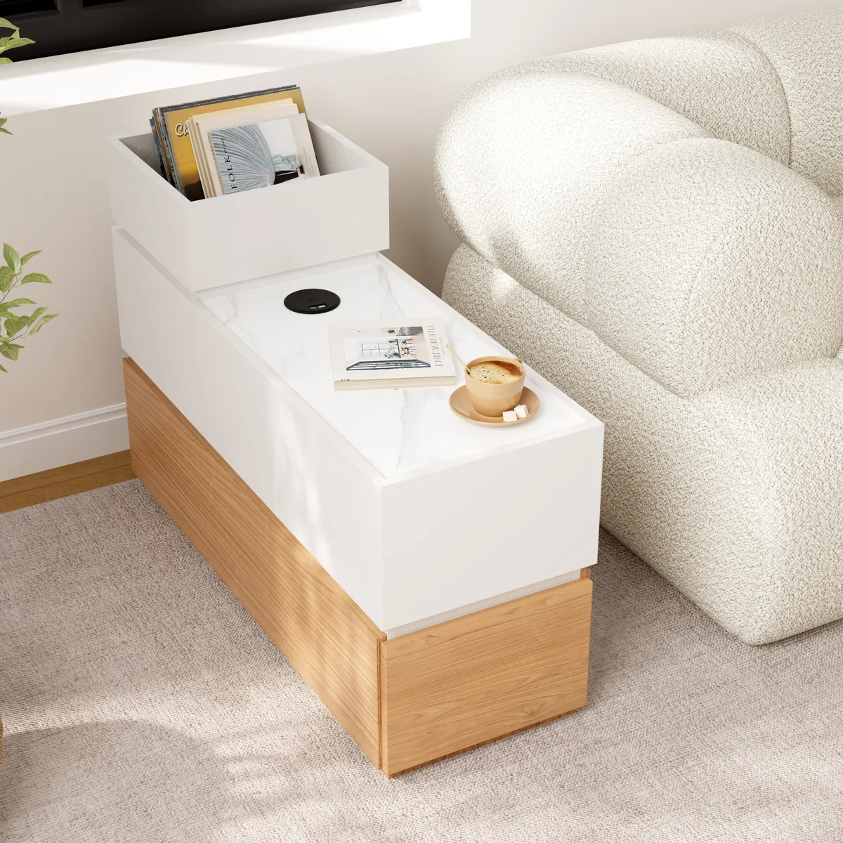 Travertine Stone Top Narrow Smart Side Table with Storage Modern Walnut End Table with USB Charging — image 22