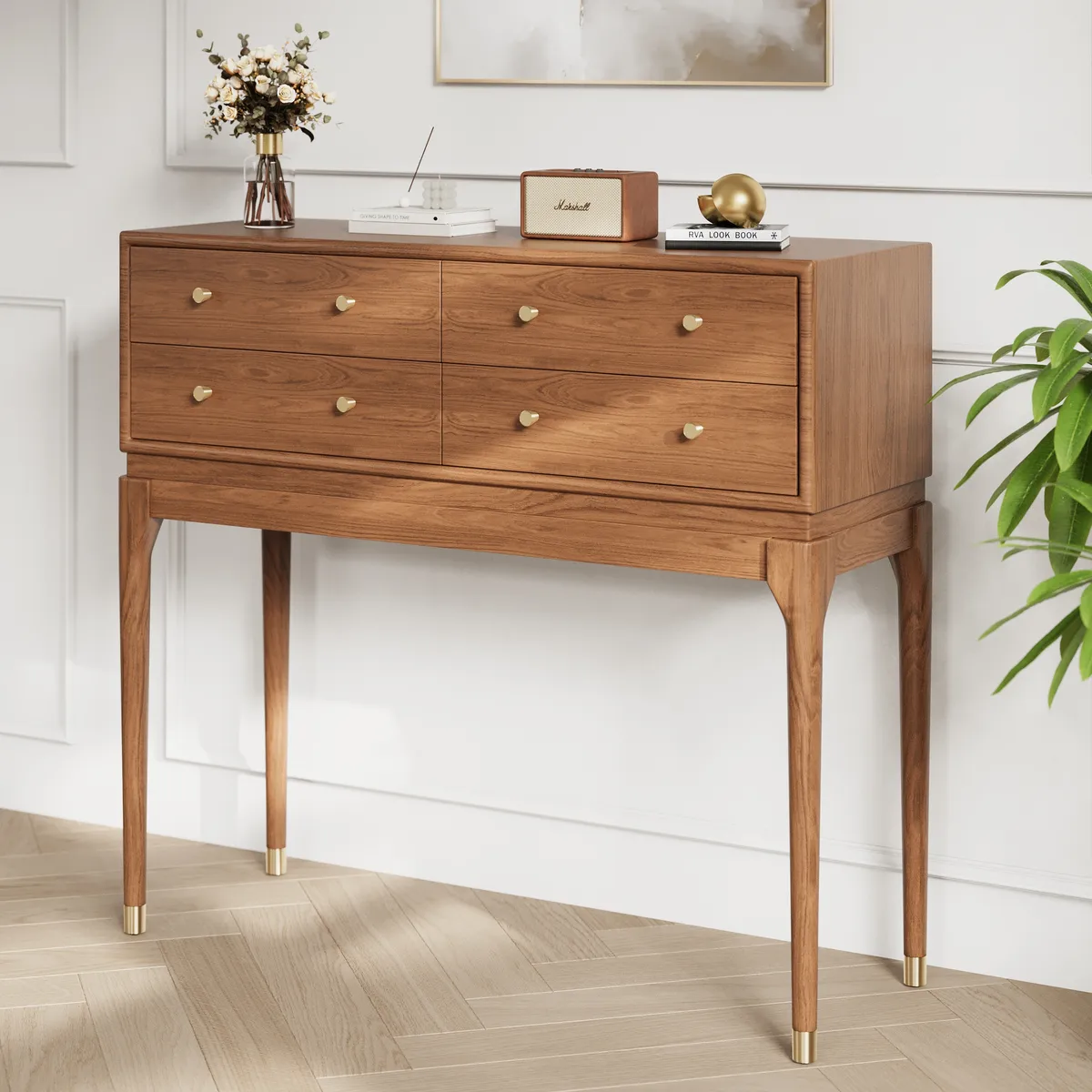 39.4" Mid Century Modern Console Table with Storage Walnut Wood Console Hall Table with 4 Drawers
