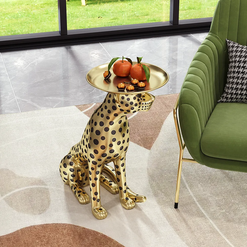 Resin Panther side Table Decorative Cocktail Luxury Gold Leopard Accent Table with Tray — image 4
